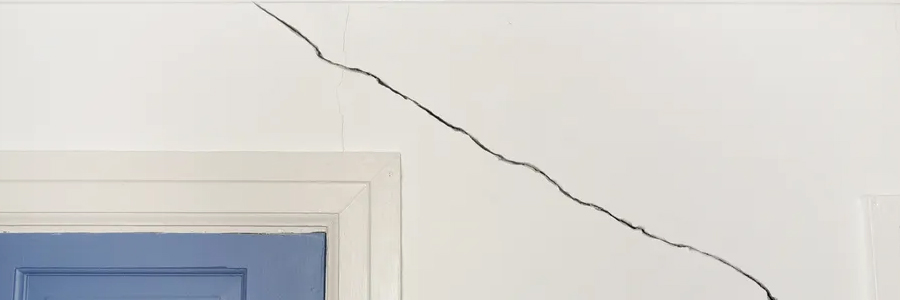 Straight vertical crack through plaster or masonry